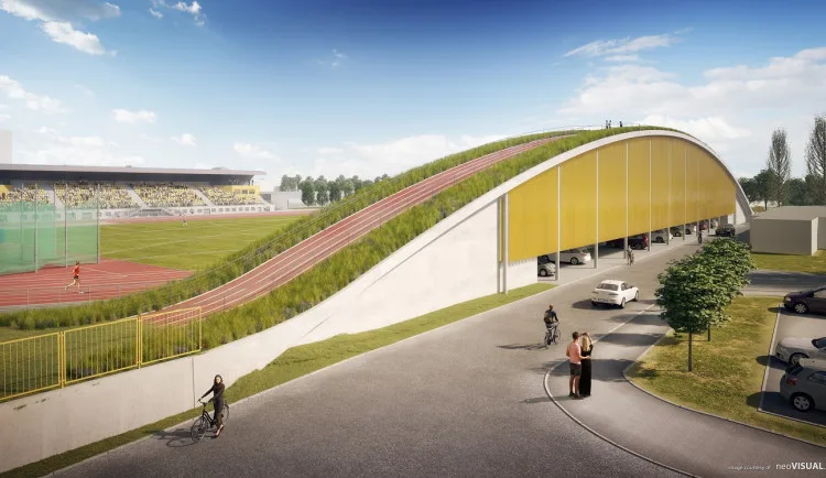 Na atletickém stadionu roste nová tribuna za 132 milionů. Unikátní střecha s náběhovým kopcem vylepší tréninky. Vizualizace od neoVisual.cz