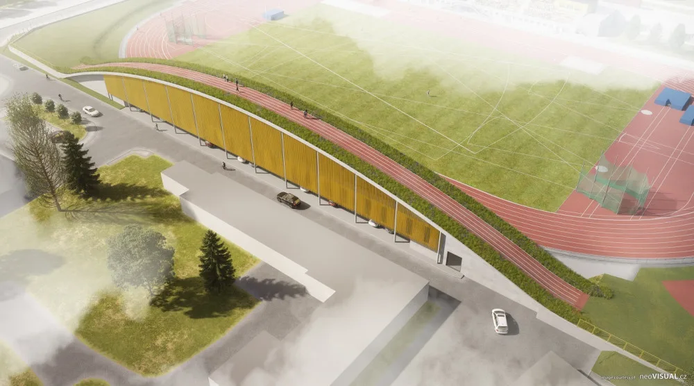 Na atletickém stadionu roste nová tribuna za 132 milionů. Unikátní střecha s náběhovým kopcem vylepší tréninky. Vizualizace od neoVisual.cz