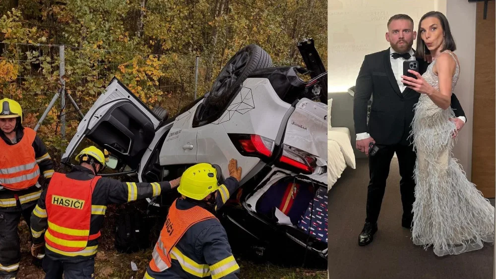 Na snímku je havarované auto MMA bojovníka. Na druhé fotografii je společně s partnerkou