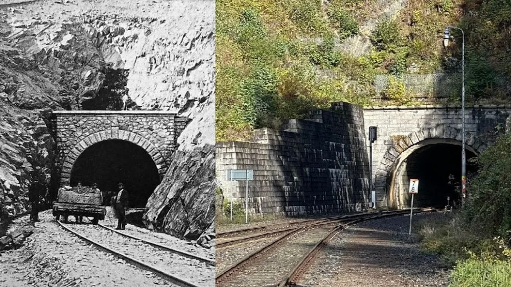Špičácký tunel při jeho stavbě a jeho současná podoba