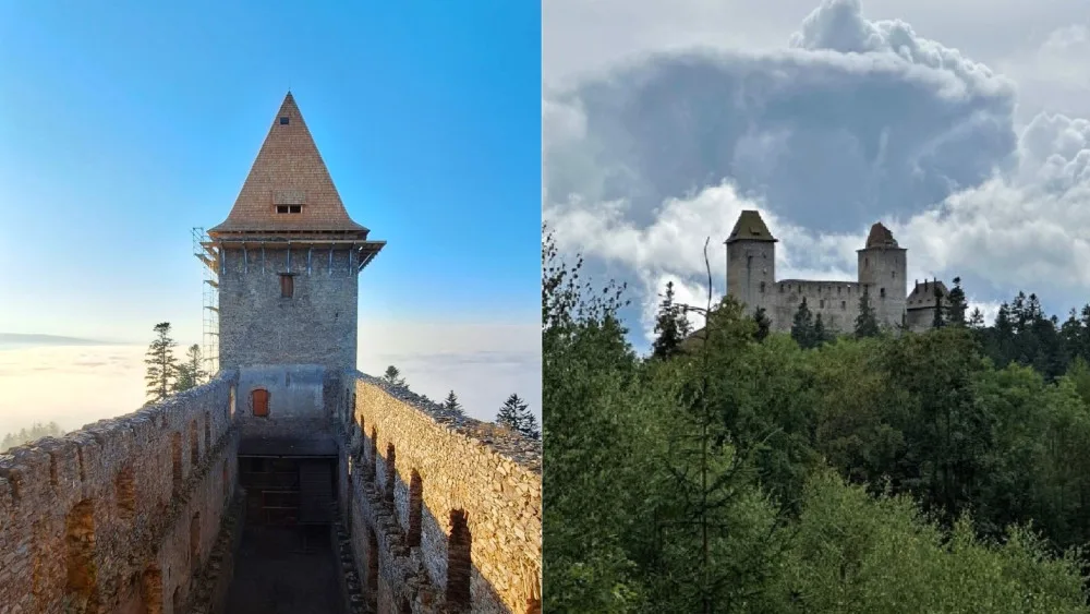 Západní věž s již novou střechou a pohled na hrad Kašperk ještě před opravou