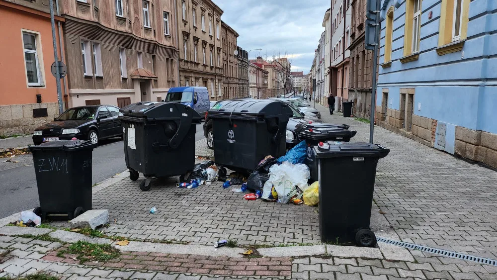 Takto vypadaly popelnice v pátek 29. listopadu odpoledne na rohu ulic Zikmunda Wintera a Hřímalého. Jde o místo, kde se nepořádek pravidelně hromadí.