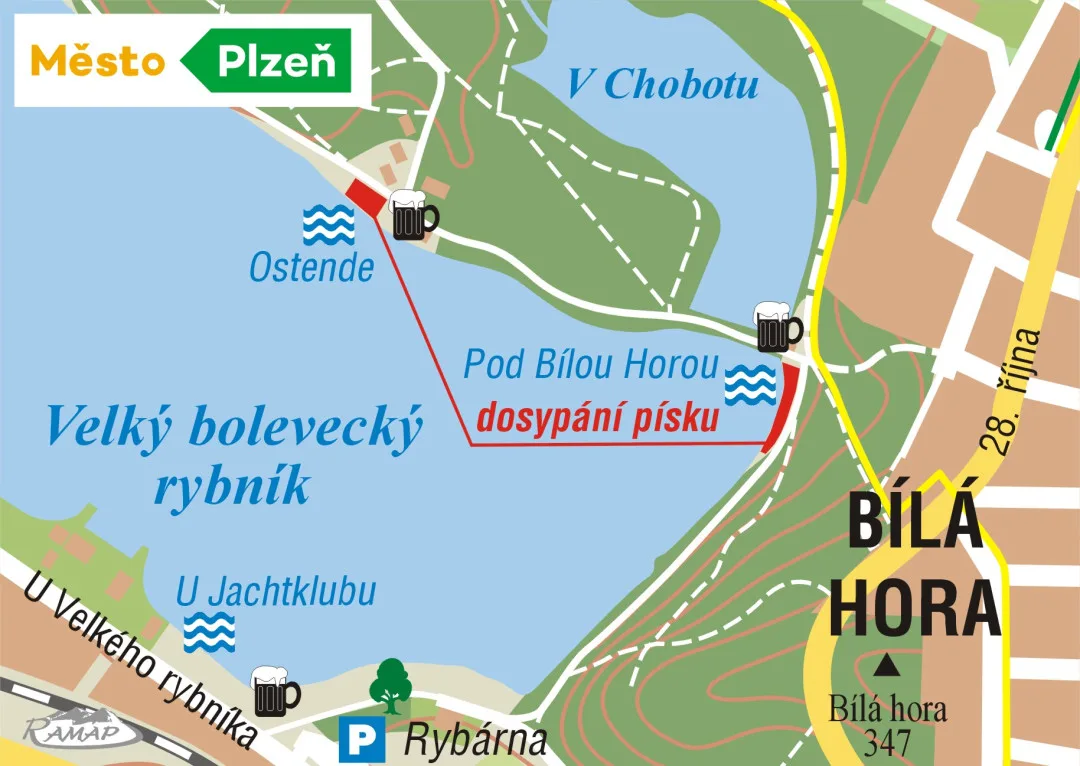 Město nechá vylepšit oblíbené pláže a břehy Velkého boleveckého rybníka, naveze se tam nový písek
