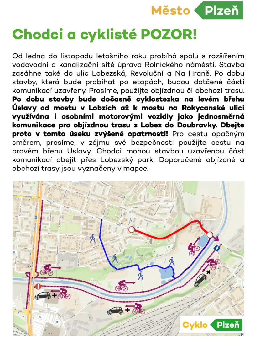 Auta budou smět na cyklostezku, alternativní objízdná trasa vznikne kvůli rekonstrukci Rolnického náměstí