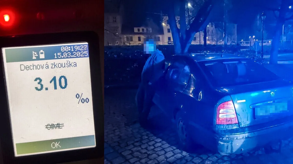 Řidič s astmatickou výmluvou nakonec nadýchal přes tři promile. Doplatil na jízdu po chodníku a náraz do značky
