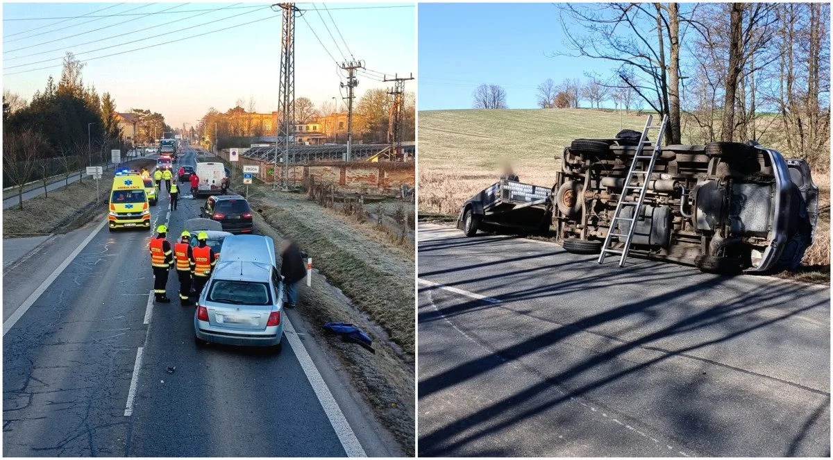 Řidič přejel do protisměru a střetl se s pěti auty, další se převrátil s vozíkem, když se vyhýbal zvěři