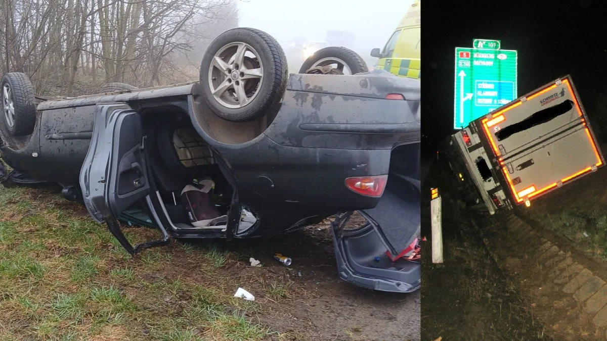 Po střetu osobáku se srnkou se zranil řidič a čtyři děti. Na dálnici se v důsledku mikrospánku šoféra převrátil kamion