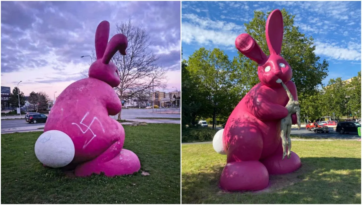 Vandal načmáral na kontroverzní sochu růžového králíka svastiku, nestalo se to zdaleka poprvé