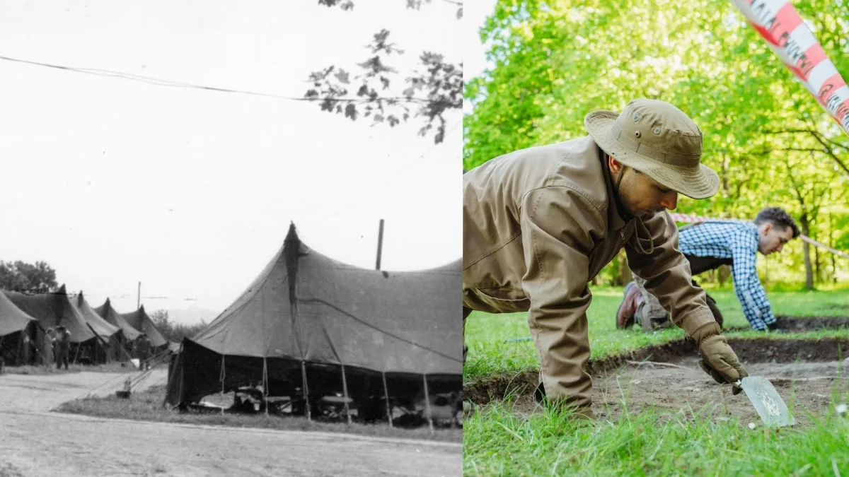 Dobová fotografie amerického vojenského tábora s polní nemocnicí a současné vykopávky v Borském parku