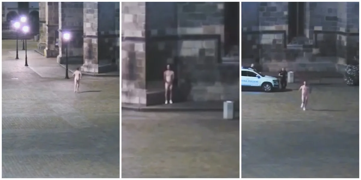VIDEO: Naháč marně skrýval před policisty své bledé půlky na katedrálou