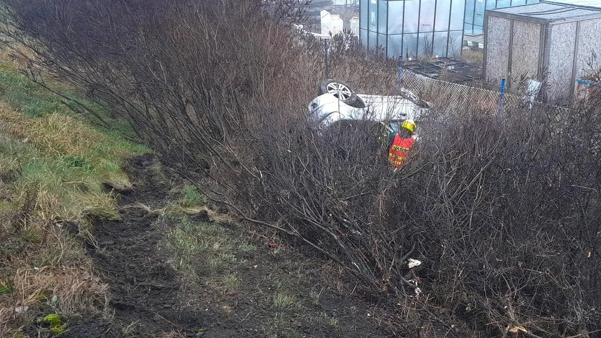 Auto se zřítilo ze strmého svahu a skončilo převrácené v křoví hluboko pod tělesem dálnice