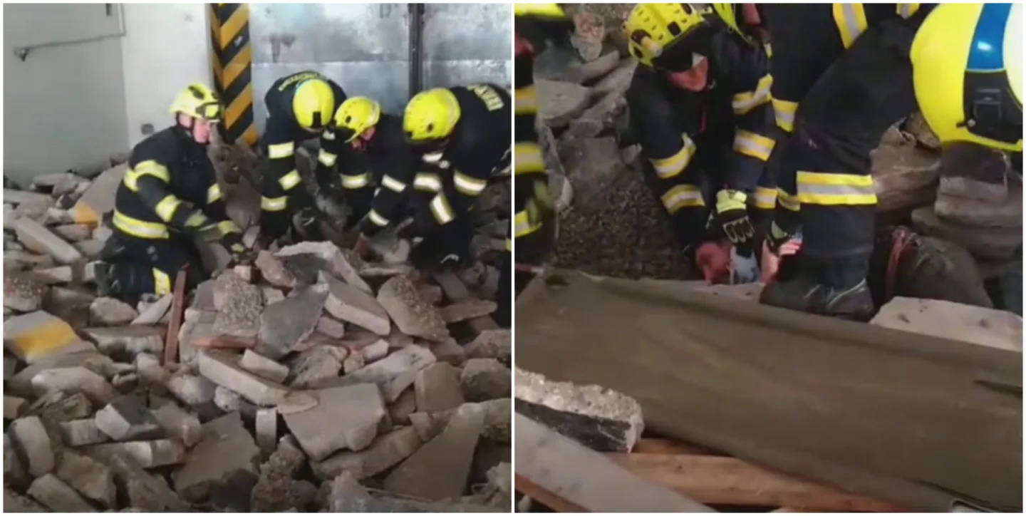 Hasiči využili svou rozkopanou zbrojnici ke cvičení, pes tam hledal osobu v sutinách