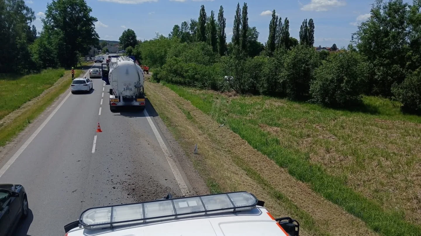 Po střetu s kamionem zmizelo odražené auto v hustém porostu, kde přerazilo strom