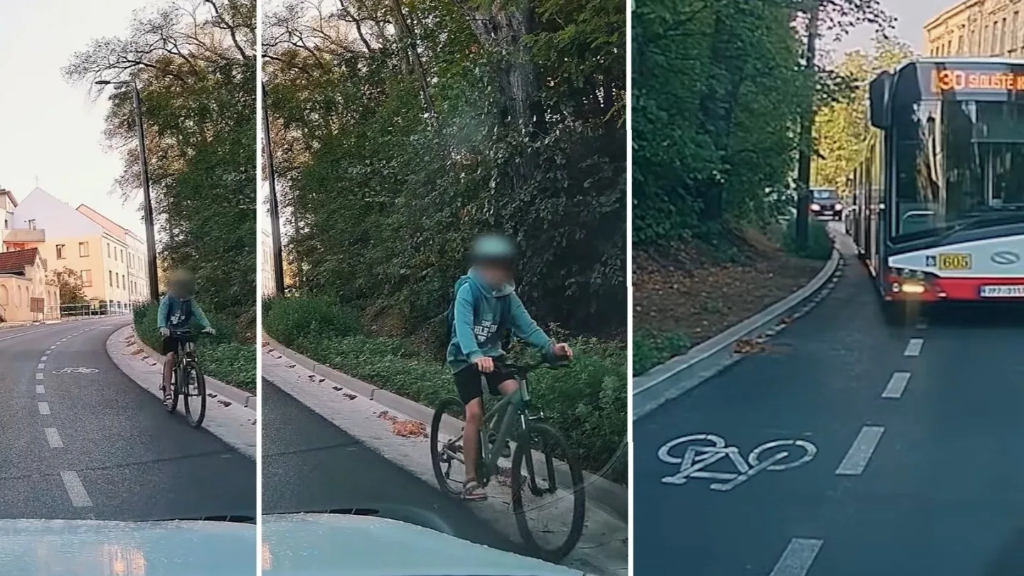 Video zachytilo chlapce na kole, jak sjíždí speciálním cyklopruhem v protisměru