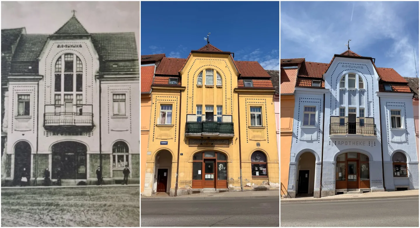 Historická fotografie, stav domu před rekonstrukcí a právě dokončená obnova fasády