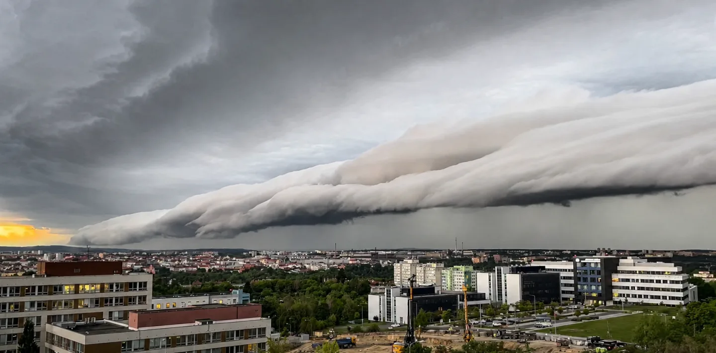Impozantní shelf cloud se převalil přes Plzeň, meteorologové zveřejnili video