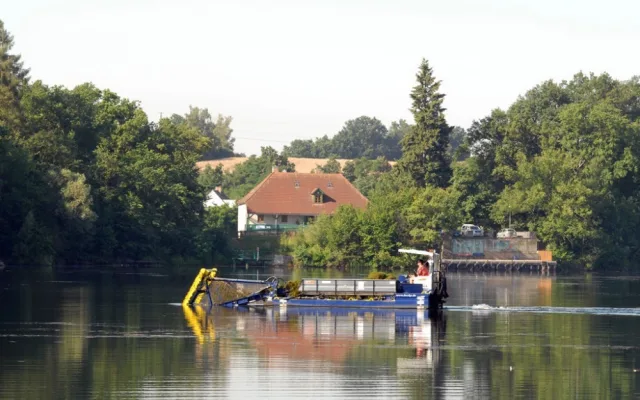 Výžínací kombajn likviduje vodní rostliny