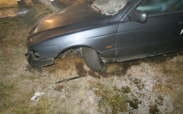 Řidič BMW po smyku na namrzlé silnici smetl dopravní značky i reklamní tabuli