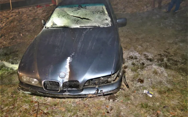 Řidič BMW po smyku na namrzlé silnici smetl dopravní značky i reklamní tabuli