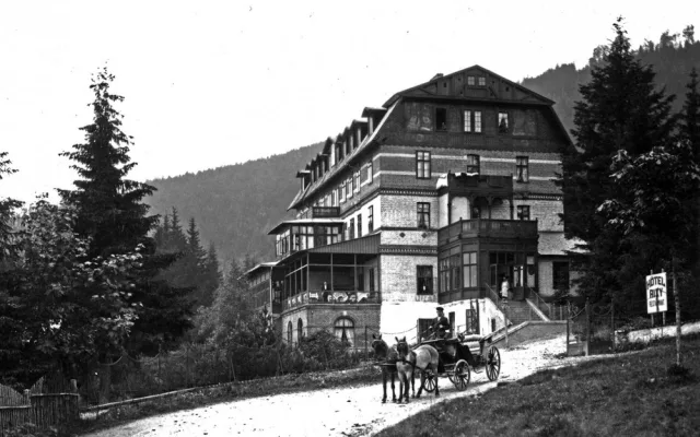 Bryčky vozily hosty od vlaku z nádraží Špičák do hotelu RIXI, ale také po výletech v okolí například na Černé jezero. Rok 1928. Foto: Archiv Zdeňka Roučky.