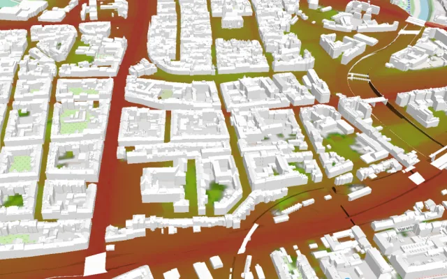 Vizualizace modelu hlukového zatížení dopravou zobrazená nad 3D modelem města