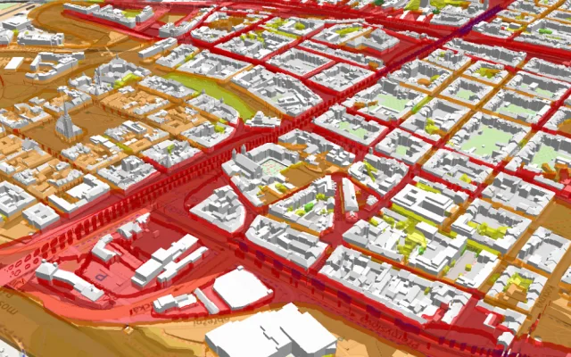 Vizualizace 3D modelu hlukového zatížení dopravou zobrazená nad 3D modelem města