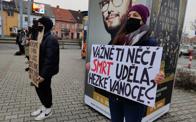 Tichá ulička za kapry stála před obchodním centrem, aktivisté bojují za Vánoce bez zabíjení zvířat