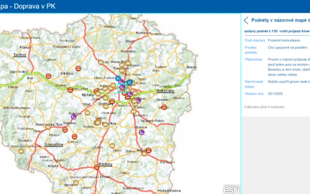Názorová mapa Plzeňského kraje se plní podněty od veřejnosti, jak zlepšit dopravu na konkrétních místech