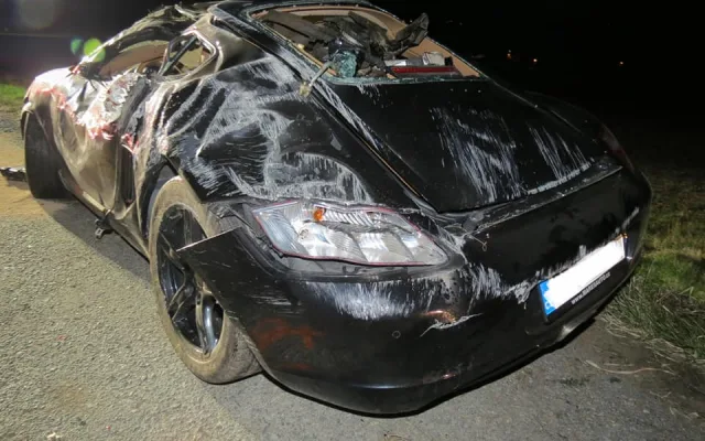 Řidič vozu značky Porsche vyletěl ve vysoké rychlosti ze silnice, těžce zranil sebe i svého spolujezdce