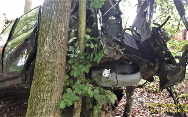 Osmnáctiletý řidič vyletěl se svým autem ze silnice do lesa a doslova ho pověsil na stromy