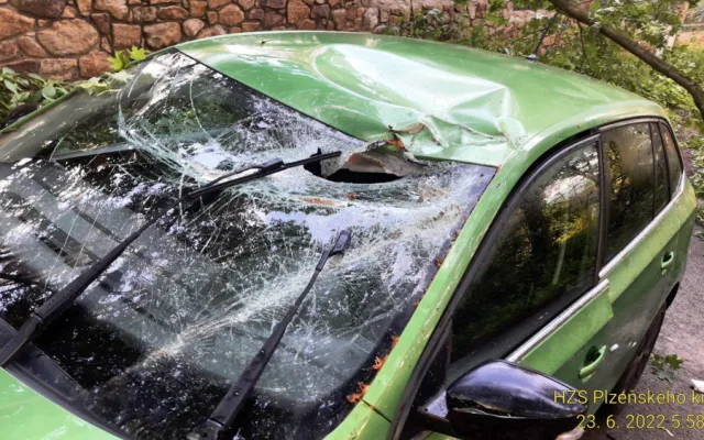 Ulomená obří větev ráno zasáhla projíždějící automobil a zranila jeho řidičku