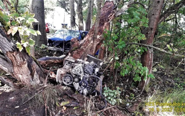 Po strašlivém nárazu do stromu se z auta vytrhl motor a odletěl 15 metrů. Dva cizinci utrpěli těžká zranění