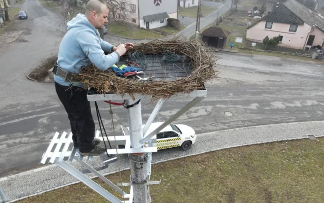 Šumavská obec má nový sloup s hnízdem pro své čápy. Staré bylo vpleteno do vodičů elektrického vedení a muselo pryč