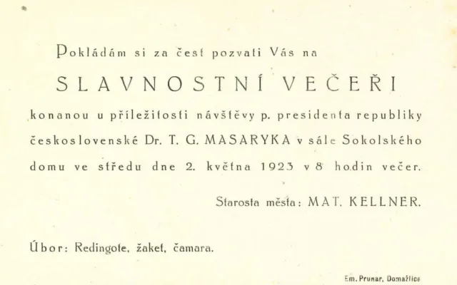 Pozvánka na slavnostní večeři s TGM v Domažlicích, 1923, květen, AM Domažlice, inv. č. 1872, kar. 983