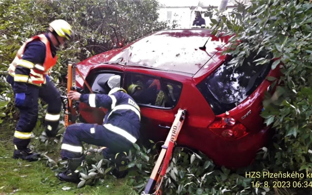 Auto vyletělo v zatáčce ze silnice, narazilo do sloupu a skončilo v husté vegetaci. Řidička je v kritickém stavu