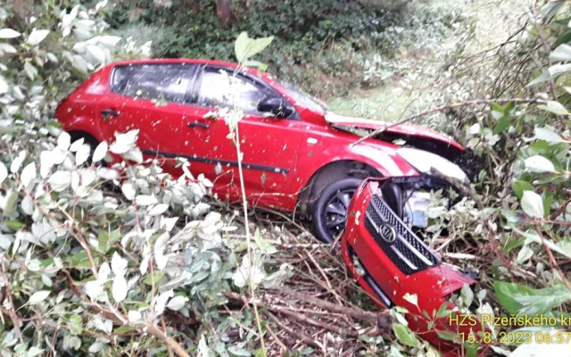 Auto vyletělo v zatáčce ze silnice, narazilo do sloupu a skončilo v husté vegetaci. Řidička je v kritickém stavu