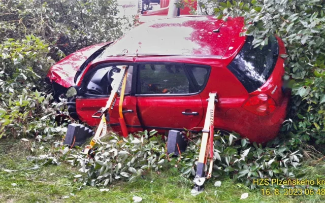 Auto vyletělo v zatáčce ze silnice, narazilo do sloupu a skončilo v husté vegetaci. Řidička je v kritickém stavu