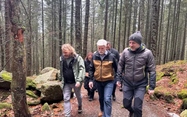 Prezident ve sportovním oblečení vyrazil ostrým tempem do kopce k výběhu se šumavskými vlky. Viděl jich 11 ze 13