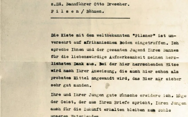 Kopie dopisu od maršála Erwina Rommela, který si pochvaloval plzeňské pivo