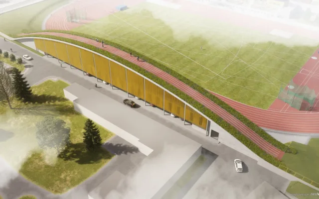 Na atletickém stadionu roste nová tribuna za 132 milionů. Unikátní střecha s náběhovým kopcem vylepší tréninky. Vizualizace od neoVisual.cz