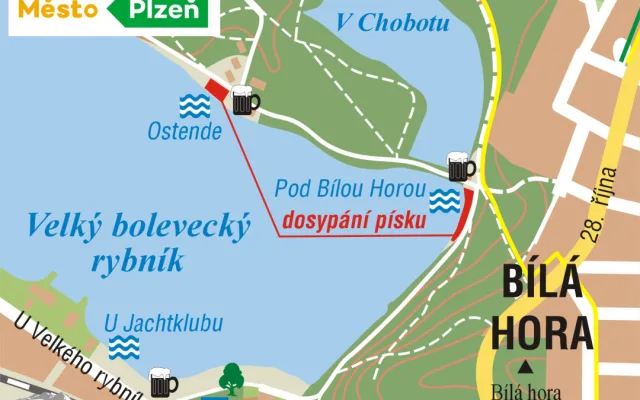 Město nechá vylepšit oblíbené pláže a břehy Velkého boleveckého rybníka, naveze se tam nový písek