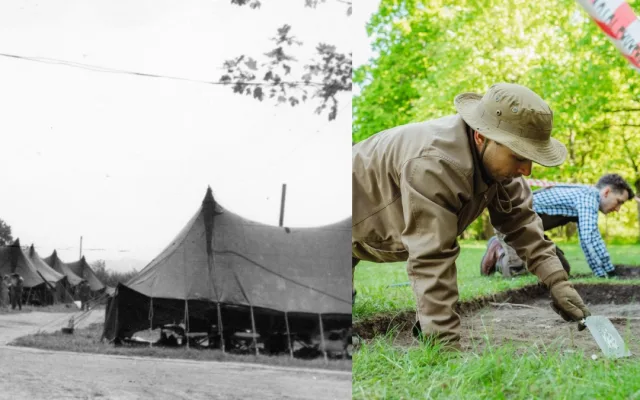 Dobová fotografie amerického vojenského tábora s polní nemocnicí a současné vykopávky v Borském parku