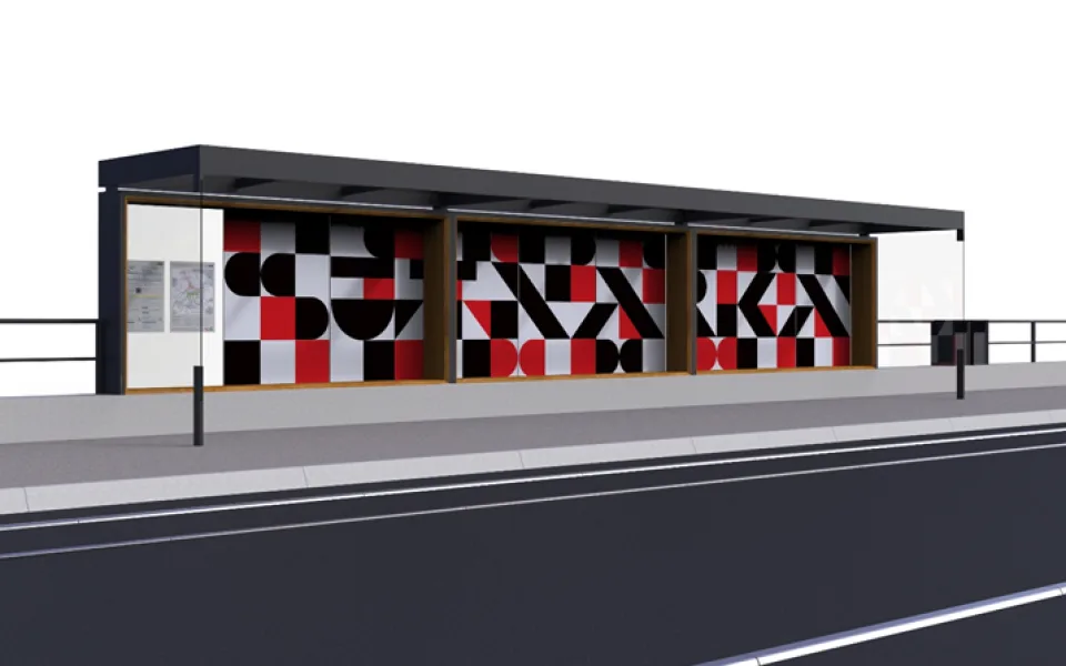Vizualizace zastávek pro tramvajovou trať č. 4 v kampusu ZČU v Plzni. Autor designu je Radek Muzika