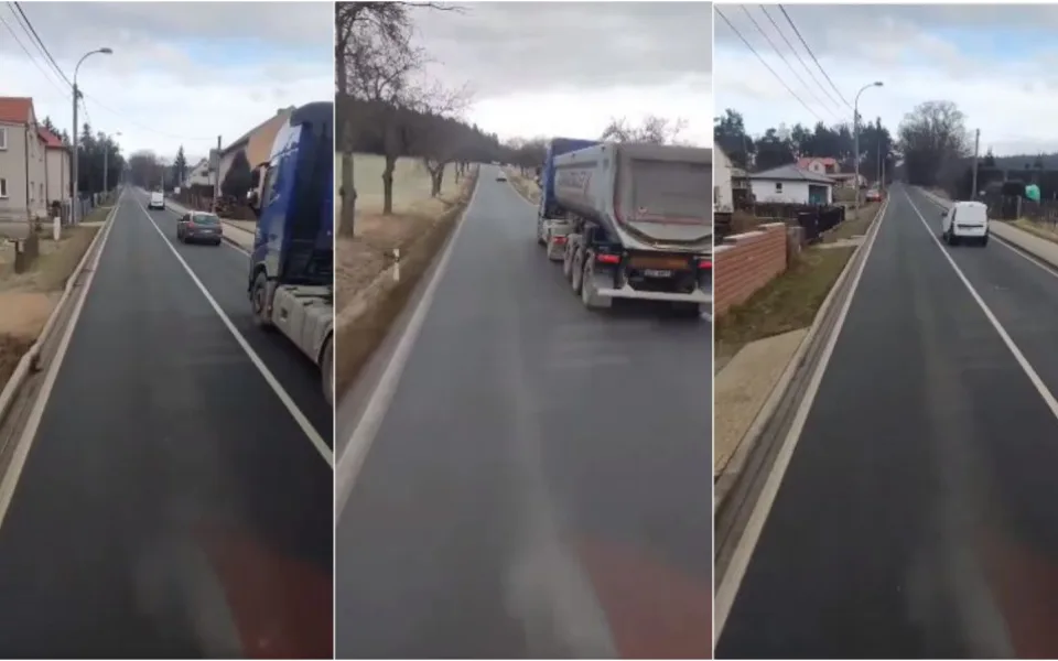 Jízda v protisměru a předjíždění v obci přes plnou čáru, řidič náklaďáku sám sebe usvědčil na videu z kabiny