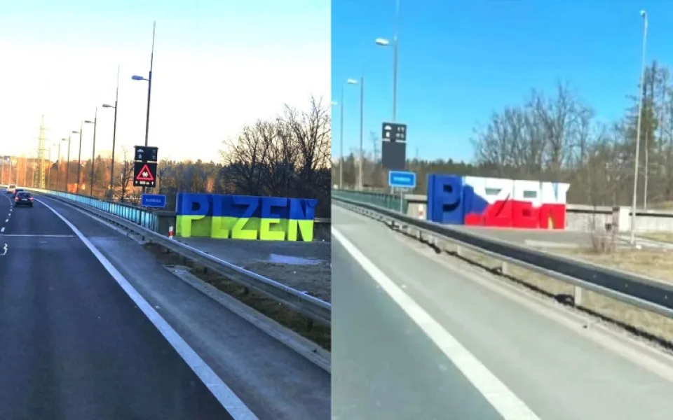 Sprejeři nastříkali nápis PLZEŇ ukrajinskými barvami, po kritice ho někdo předělal na českou verzi