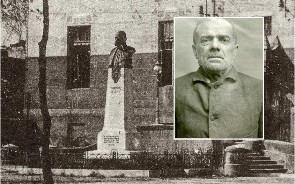 Busta Františka Josefa I. se nacházela v Pallově ulici před budovu tehdejší střelnice, zdroj: Archiv Majáku Plzně. Druhý snímek zobrazuje trestance Doubka, který si za urážky císaře odseděl přes 10 let