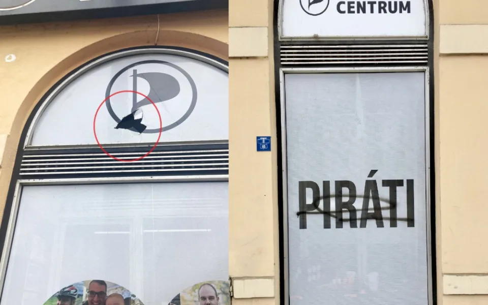 Neznámý vandal v noci zaútočil na sídlo Pirátů kamenem a sprejem