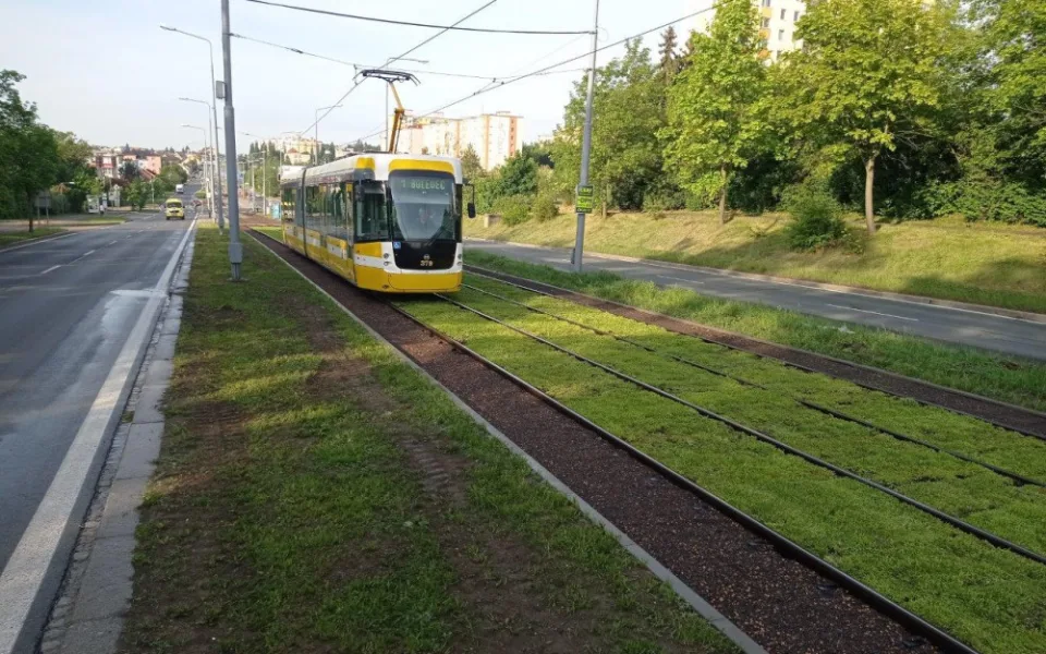 Zrekonstruovaná tramvajová trať zezelenala, osázené rozchodníky snižují prašnost a hluk