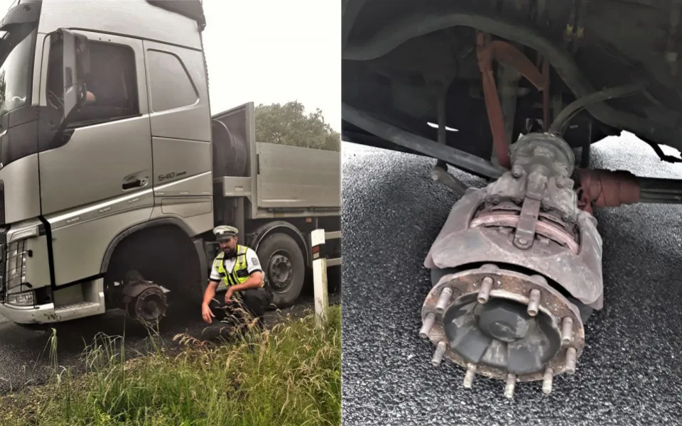 Bez levého předního kola uháněl po dálnici D5 kamion s vlekem, policejní hlídka byla v šoku