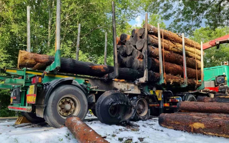 Kamion s nákladem dřeva zachvátil požár, statečný řidič dokázal hydraulickou rukou vyložit většinu hořících klád
